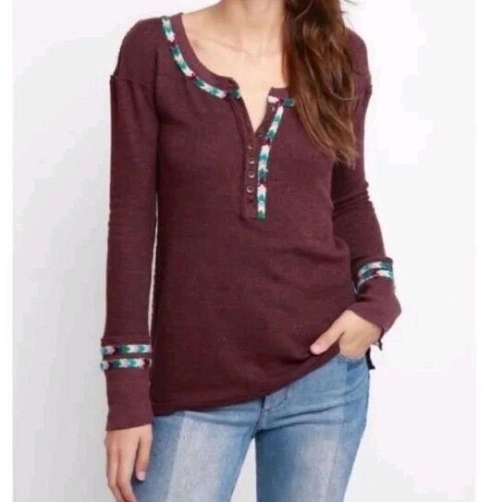 FREE PEOPLE Long Sleeve Rainbow Trim Scoop Neck Thermal Tee *Wine S